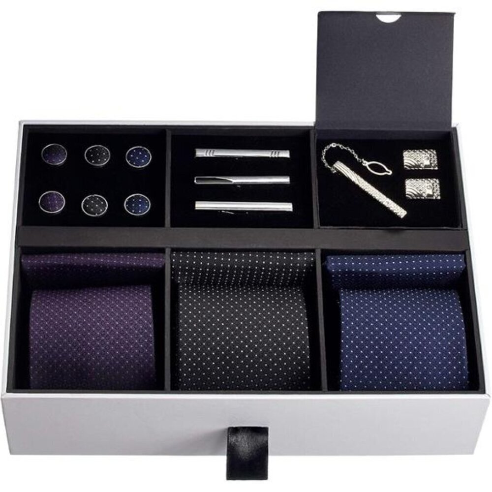 Silky Necktie Set for Men 3 Ties Pocket Squares Clips